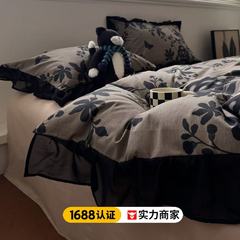 2025新款轻法式赫本风复古印花纯棉四件套韩式黑色花边全棉三件套