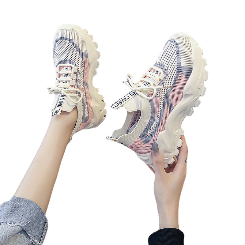 New Women's Shoes Spring and Summer Platform Shoes Fly-woven Breathable Mesh Casual Women's Shoes Fashion All-match Height-increasing Women's Shoes