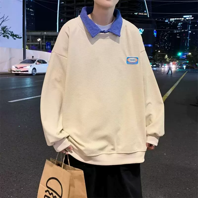日系假两件polo衫华夫格卫衣男士宽松bf长袖高街翻领薄款体恤上衣