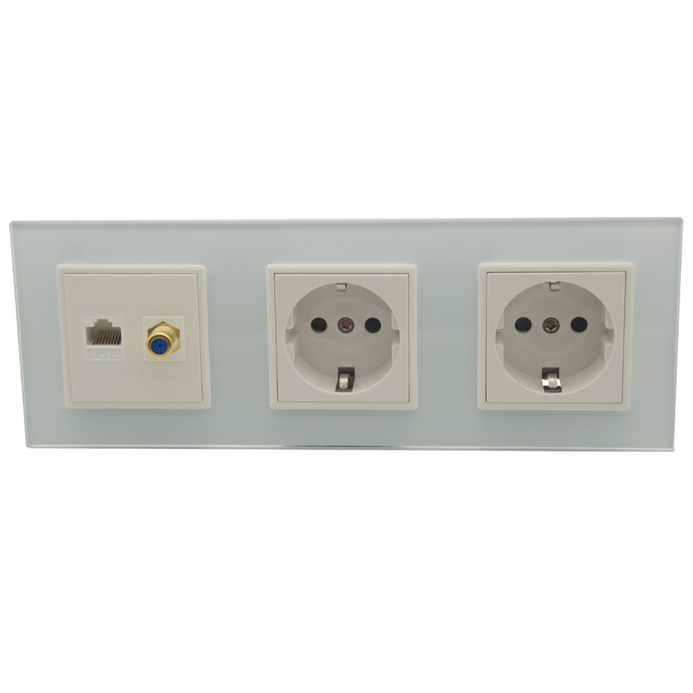 欧式80型 双位EU电源 单口CAT6 RJ45 镀金F头 玻璃面板