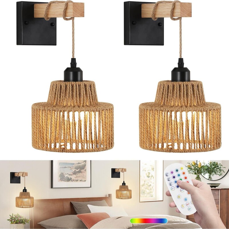 American-Style Rattan Battery-Powered Rechargeable Wall Lamp Retro Farmhouse Country Living Room Bedroom Bedside Led Wall Lamp