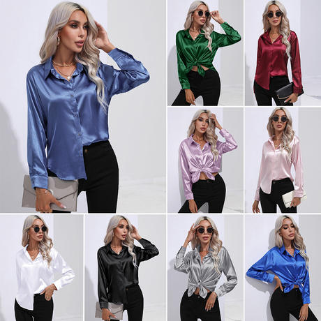 Explosions Real Shot Satin Shirt Women's Satin Silk Long Sleeve Shirt Spring and Summer New European and American Cross-border Women's Clothing
