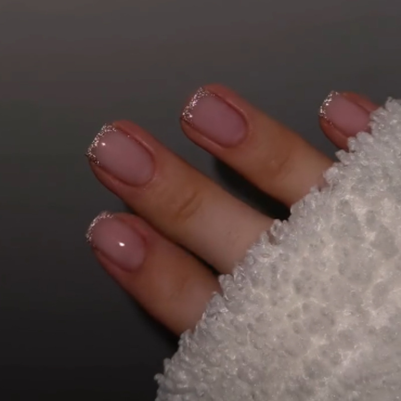 Simple French-Style Silver Glitter Explosive Wearable Nail Pieces Cross-Border Hot-Selling Nude Pink Short Square Manicure Fake Nails Simple French-Style Silver Glitter Explosive Wearable Nail Pieces Cross-Border Hot-Selling Nude Pink Short Square Manicure Fake Nails