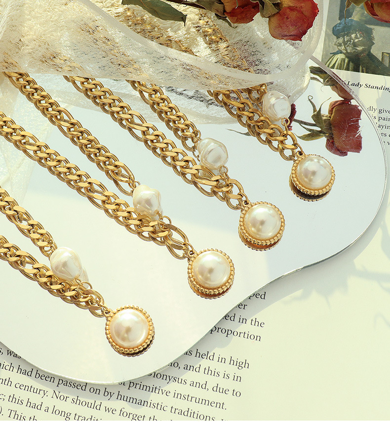 Fashion Geometric Chain Inlaid Pearl 18k Gold Titanium Steel Necklace display picture 1