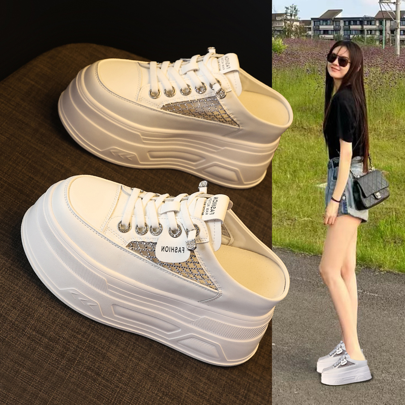 Giày sneaker nữ đế dày tăng chiều cao, cổ thấp dáng lười, mũi tròn bít, phong cách basic trắng đen — màu đen, màu trắng