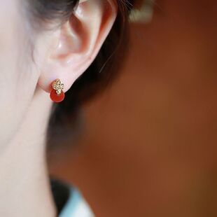 Authentic Retro Palace Style Natural Hetian Jade Southern Red Agate Gourd Earrings Feminine High-End Versatile Earrings