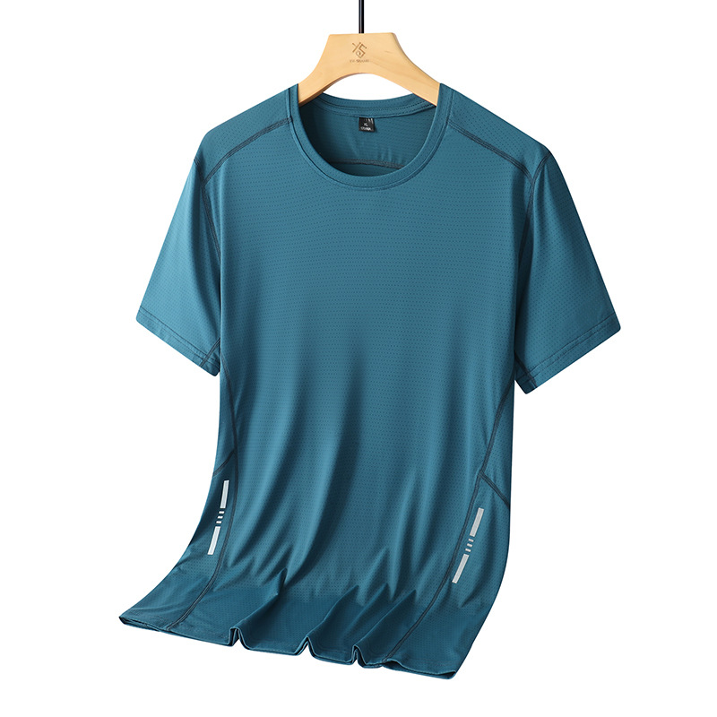 Camiseta de seda helada transfronteriza para hombre, estilo delgado de verano, talla grande, manga corta, ajuste holgado, para correr, deportes, camisa casual de aire acondicionado de manga corta.