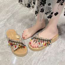 外出西双版纳民族风夏季外穿时尚交叉拖鞋旅行编织厚底凉拖鞋