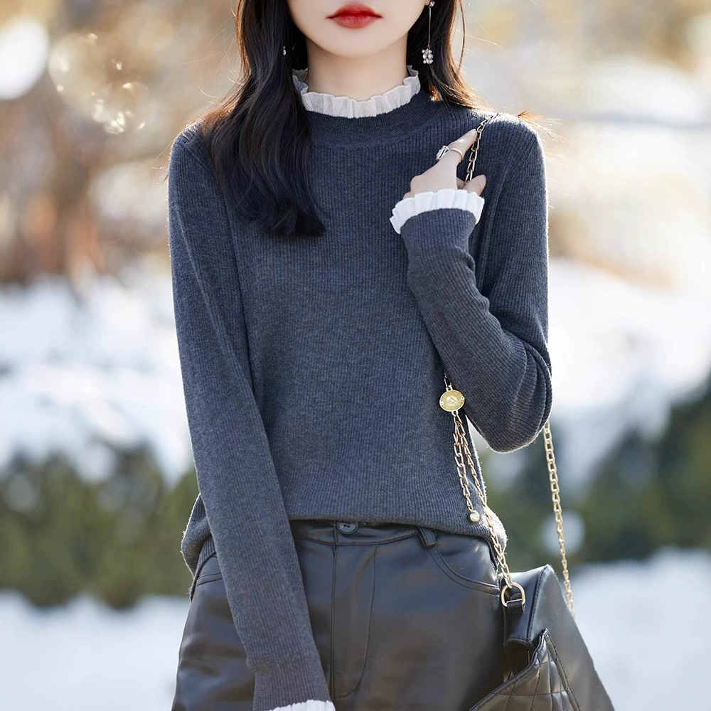 Весенний стиль 2025 новый деревянный кружевной трикотаж женский пол-высокий воротник сплошной цвет тонкий пуловер свитер нижняя рубашка женский