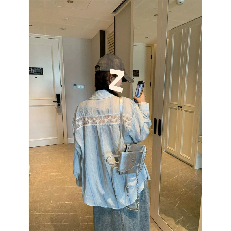 Весенняя и летняя корейская полая сшитая полосатая рубашка женская свободная конструкция шикарная и уникальная рубашка с длинными рукавами