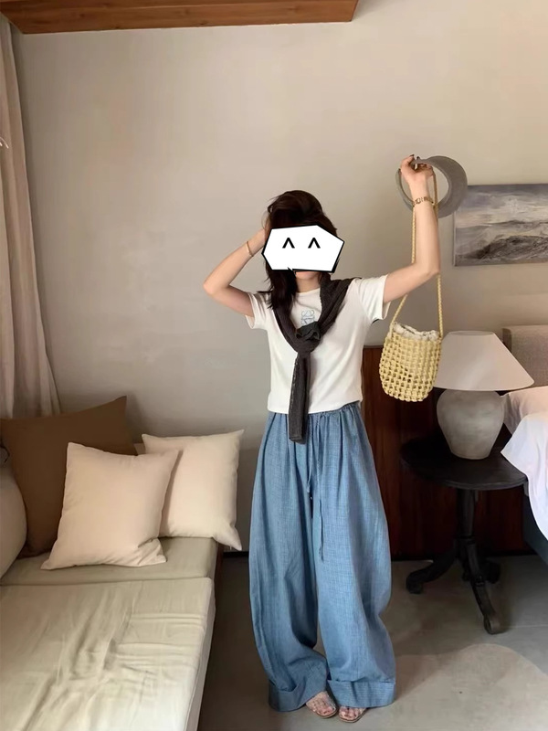 复古水洗牛仔棉阔腿裤女夏季薄款松弛感宽松显瘦直筒休闲裤拖地裤|undefined