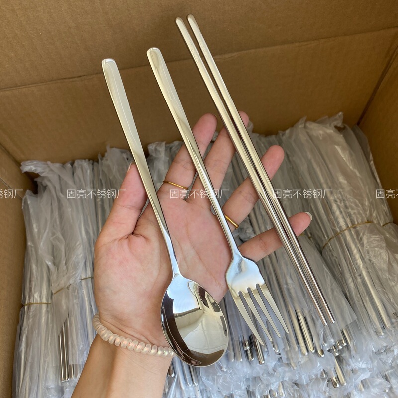 304 Stainless Steel Korean Portable Tableware Three-piece Set Outdoor Camping Style Travel Student Chopsticks Spoon Fork Set