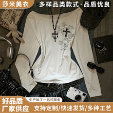 批发春秋款辣妹风长袖T恤女印花修身显瘦内搭打底欧美设计感上衣