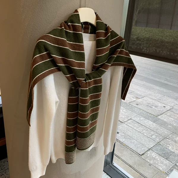 Korean-style versatile striped knit shawl for women, perfect for autumn and winter, a retro and minimalist outerwear accessory for layering and decoration