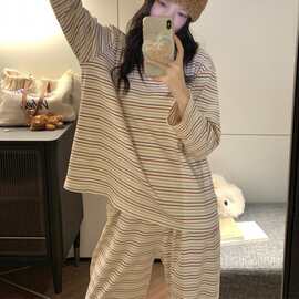 韩国ins女士新款睡衣韩系撞色条纹简约舒适套装休闲宽松家居服女