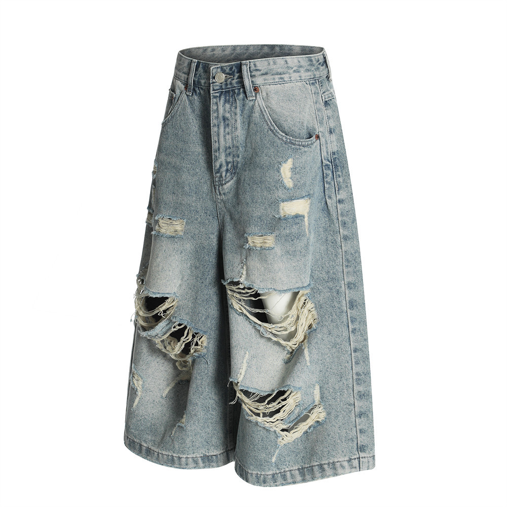 Men's American Punk Ripped Denim Capri Shorts Summer Style Washed Distressed Loose Wide Leg Trendy Cotton mid Waist Black Blue_mkmklike.com