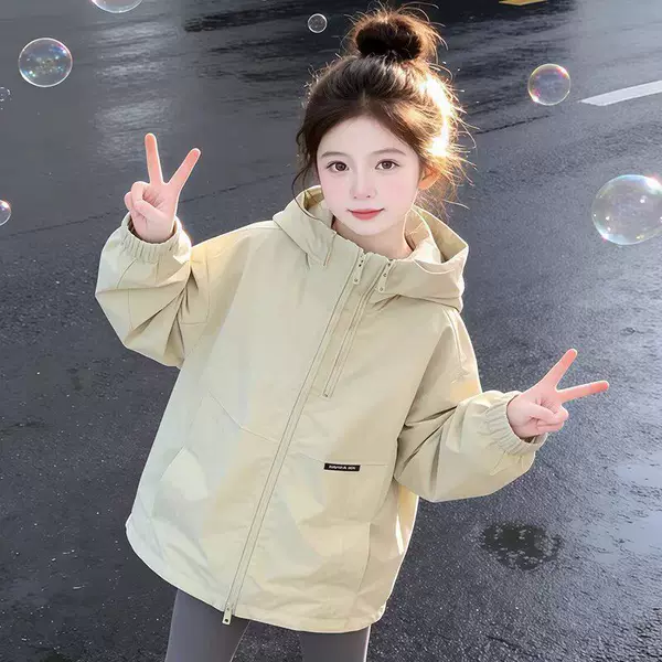Girls' windbreaker jacket, 2026 autumn/winter new style, thickened cotton, fashionable hooded jacket for older children