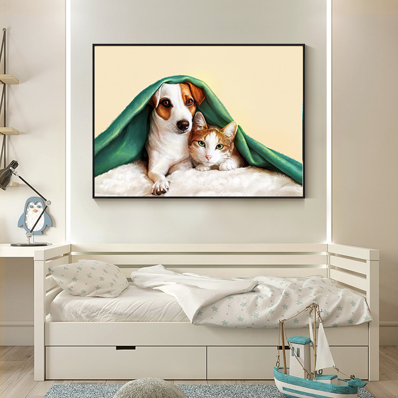 北欧现代简约可爱动物狗狗猫咪床头横幅客厅电表箱装饰画图片画芯