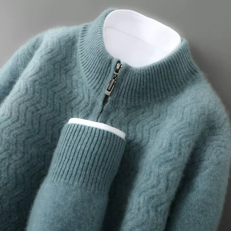 青少年纯色羊毛衫男士半拉链领双股加厚毛衣休闲商务针织羊毛衫男