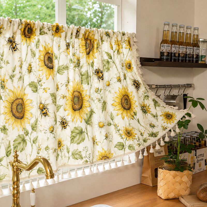 Amazon cross-border tk sunflower bee farmhouse print short curtain with tassels, light-transmitting coffee-colored finished curtain Amazon cross-border tk sunflower bee farmhouse print short curtain with tassels, light-transmitting coffee-colored finished curtain