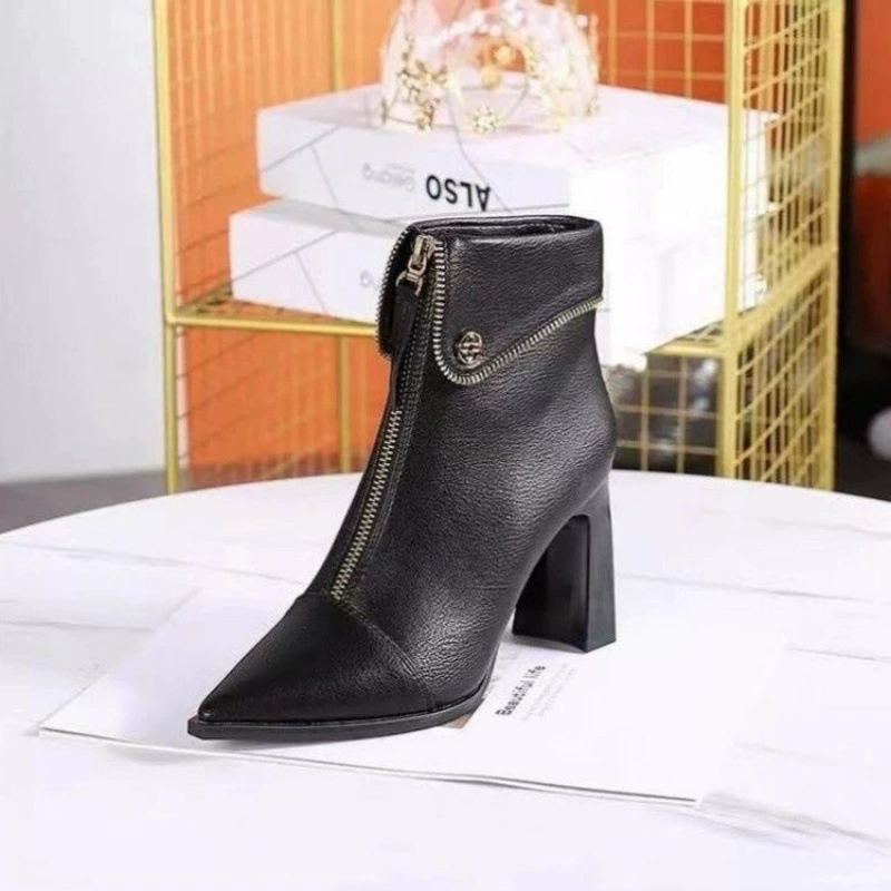 2024 новый дизайн ощущает переднюю застежку-молнию модные сапоги женские толстые каблуки наконечники тонкие высокие каблуки темперамент не утомляет тонкие ноги тощие сапоги