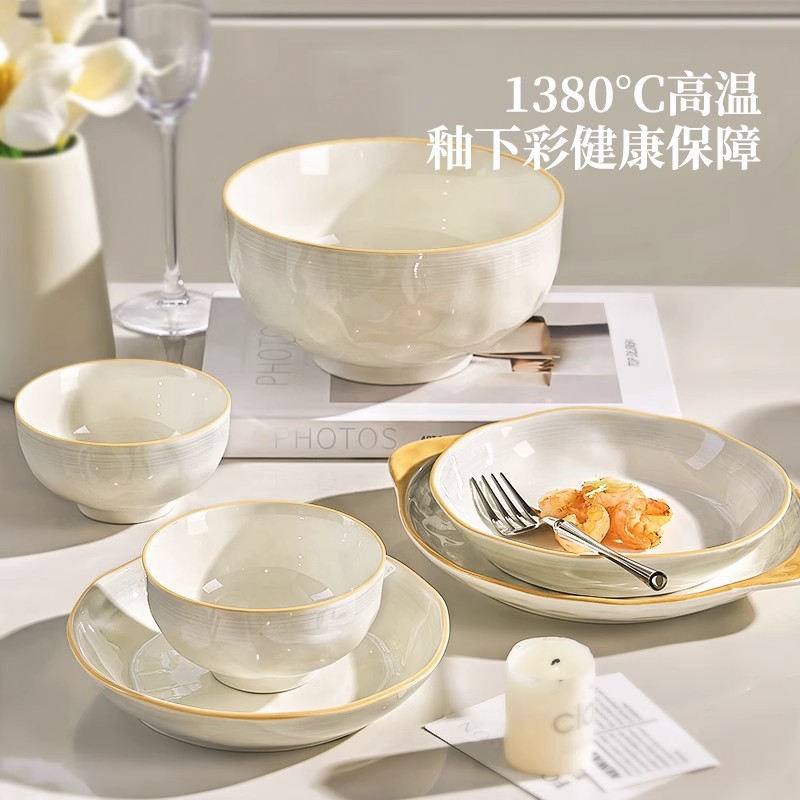 Underglaze 컬러 프랑스 크림 스타일 높은 색상의 세라믹 요리와 요리 세트 가정용 쌀 접시 간단한 국수 그릇 수프 그릇 요리