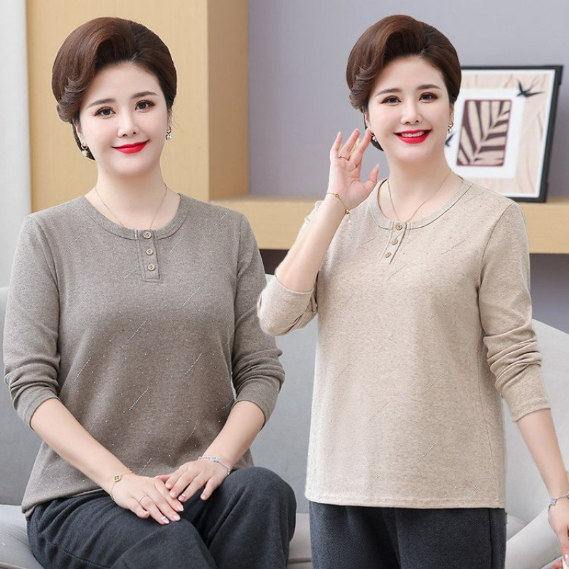 Middle-Aged and Elderly Women's Spring & Fall Long-Sleeved T-Shirts Plus Extra Large Size 100kg Bottoming Shirts Grandma's Loose Tops Middle-Aged and Elderly Women's Spring & Fall Long-Sleeved T-Shirts Plus Extra Large Size 100kg Bottoming Shirts Grandma's Loose Tops