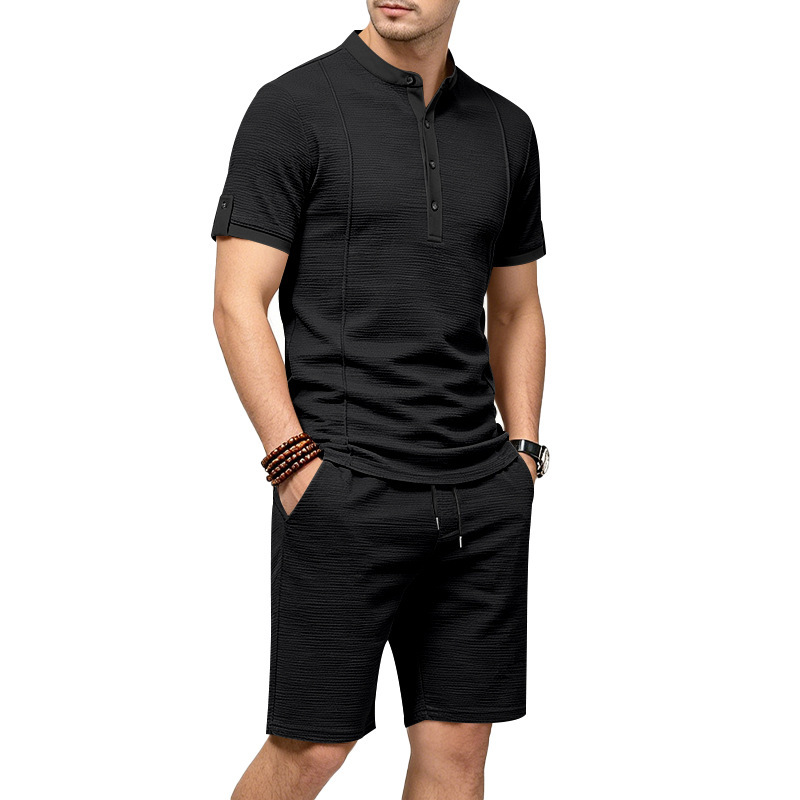 Men's Casual Henley Short Sleeve T-Shirt And Shorts Set Comfort-Focused Polyester Design for Summer_viptrois.com