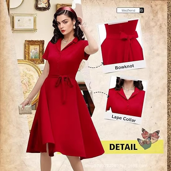 Women's Retro Tea Dress, Short-Sleeved Cocktail Party Dress, Work, Church, Casual Dress
