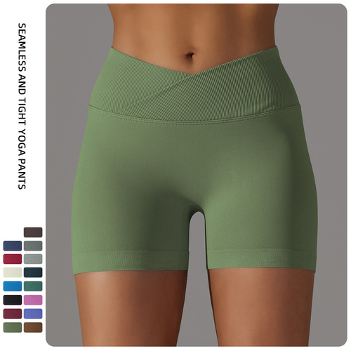 European and American seamless cross waist high waist elastic running sports shorts women's tight tummy control peach butt lifting fitness pants
