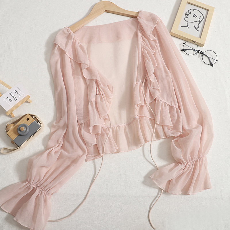 Ruffled Chiffon Sunscreen Coat Shawl Women's Spring and Summer Sling Skirt Outer Blouse Horn Sleeve Cardigan Short Coat