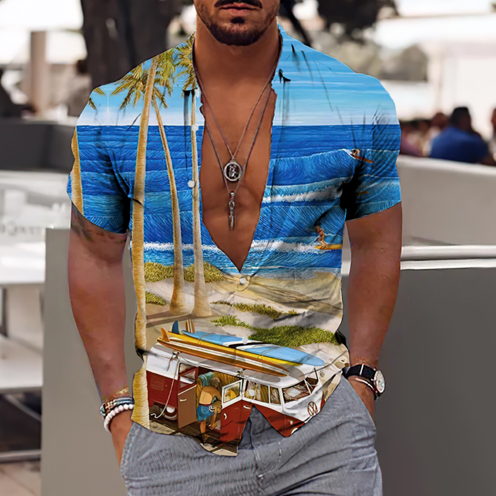 4-Way Stretch Fabric, Polyester Fabric Type Wholesale Men's Vacation Cartoon Landscape Short Sleeve Printing Men's Tops