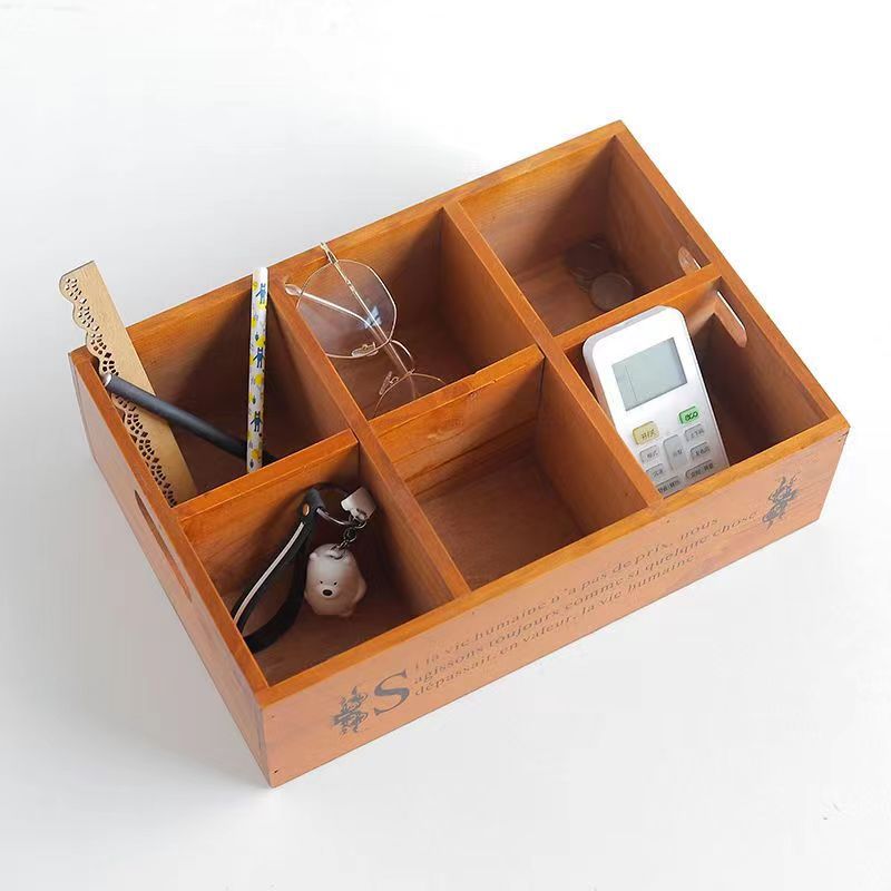 Zakka 빈티지 나무 데스크탑 저장 상자 다기능 잡화 구획 나무 상자 홈 보석 조직 상자