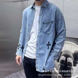 23SS新款Chrome Hearts 克罗伈衬衫拼皮刺绣贴皮牛仔纯棉水洗潮牌