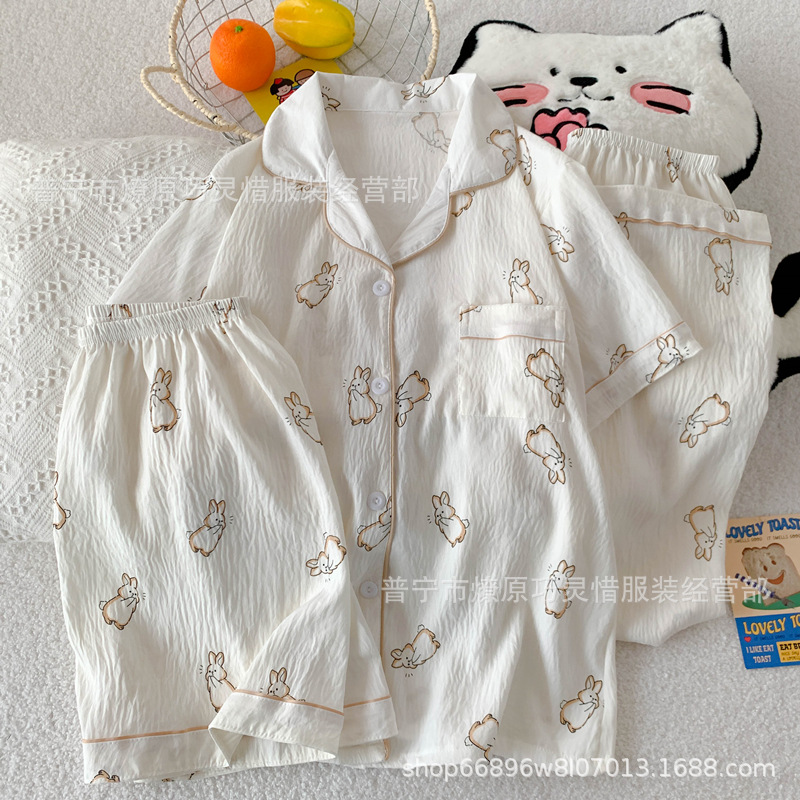 Pajamas de tres piezas de torta de oso para mujeres de verano, pantalones de manga corta, nubes de algodón adorable, viento en 2025 nueva ropa para el hogar