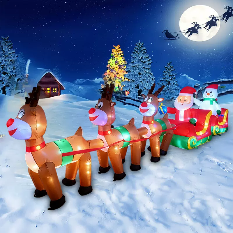 4.2米圣诞节充气户外三只驯鹿拉雪橇圣诞老人和雪人气模庭院装饰