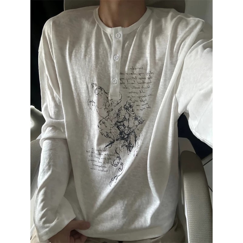 American-style Henry collar long-sleeve T-shirt for men, autumn casual printed base shirt, old money style loose casual pullover top