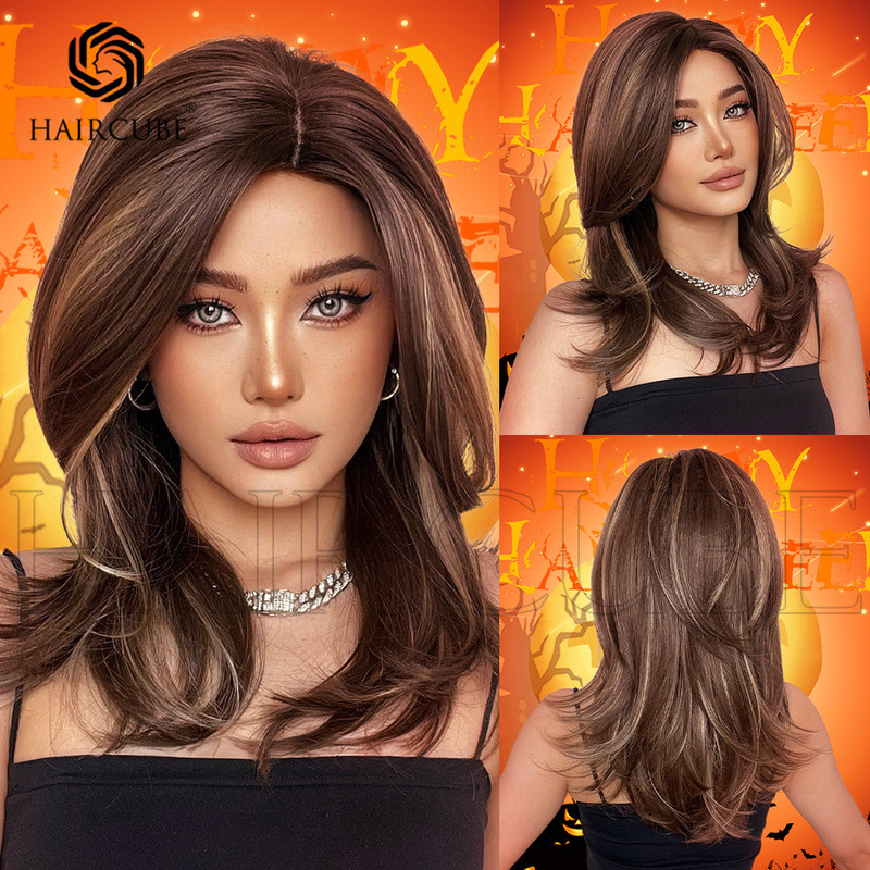 Cloud Bun Home Wig European and American Style Eight-character Bangs Gradient Brown Shoulder-length Straight Hair Women's Natural Full-head Wig wigs