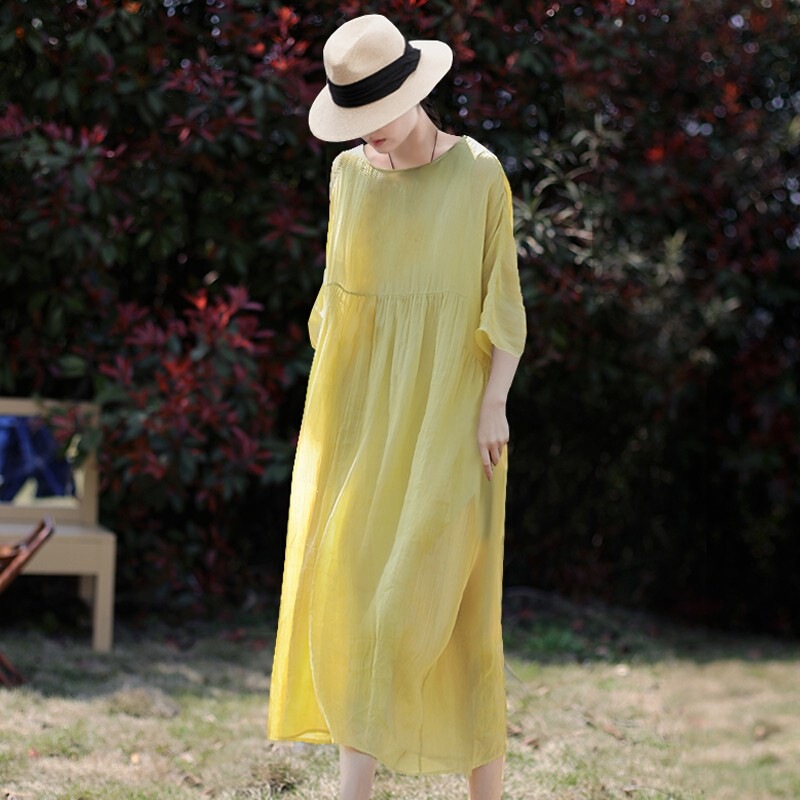 Women's Mango Yellow Ramie Dress 2025 Summer New Cotton Linen Beach Dress White Tie-Dye Dress Women's Mango Yellow Ramie Dress 2025 Summer New Cotton Linen Beach Dress White Tie-Dye Dress