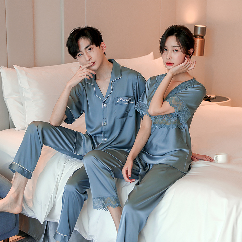 短袖缎面雪纺丝绸情侣睡衣男士套装女蕾丝性感冰丝家居服日系风