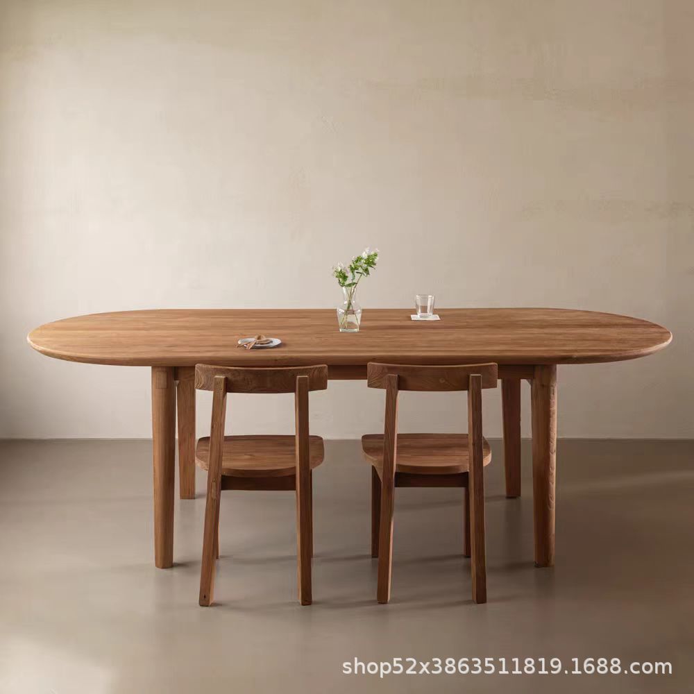 侘寂风老榆木椭圆形餐桌中古工作台实木大板桌原木民宿茶室泡茶桌