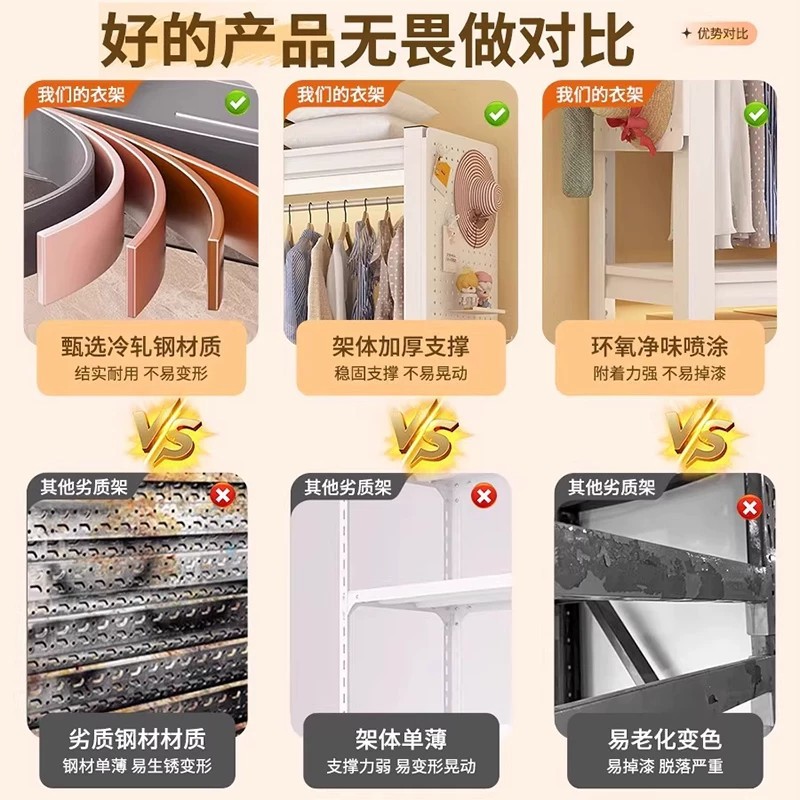 家用开放式货架衣柜简易洞洞板衣帽架挂衣架落地多层钢制收纳架子