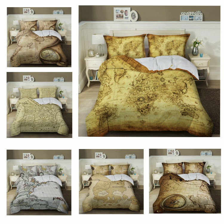 复古地图跨境外贸数码印花ebay套件家纺三件套