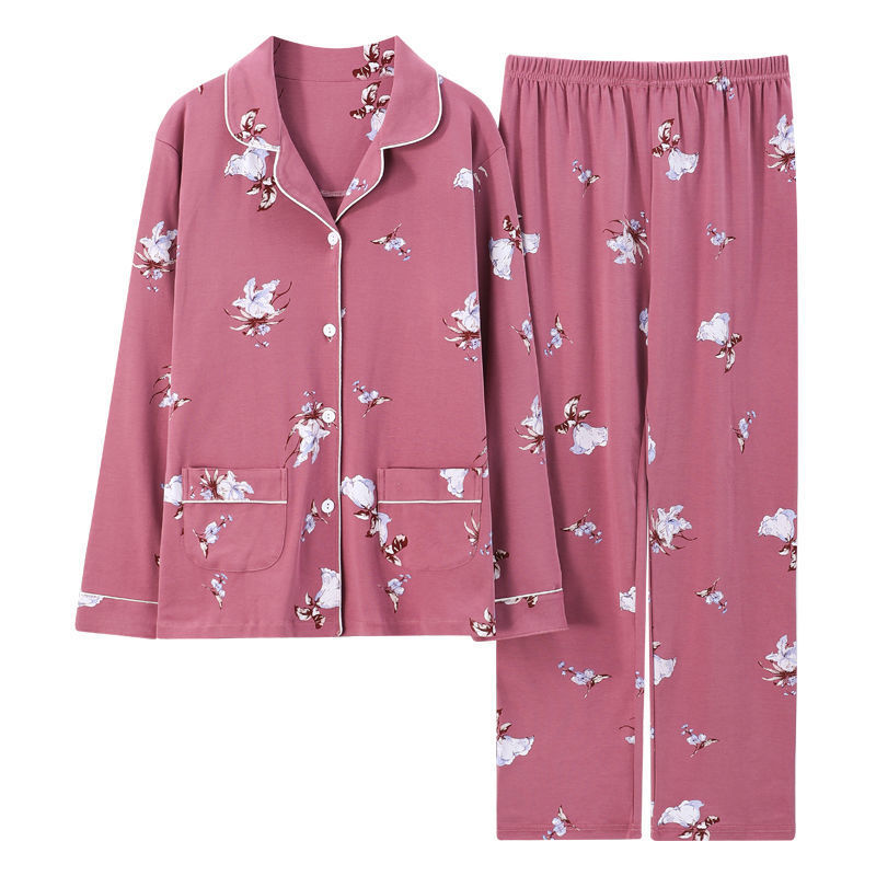 Pijamas de algodón puro primavera y otoño de las mujeres de manga larga más el tamaño cardigan traje de las madres de mediana edad y ancianos ropa de casa al aire libre