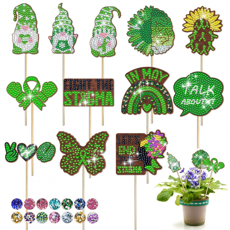 Estacas decorativas para macetas con diseño de flores para decoración de plantas en el hogar y escritorio, fabricante de estacas de jardín hechas a mano con pegatinas de diamantes DIY.