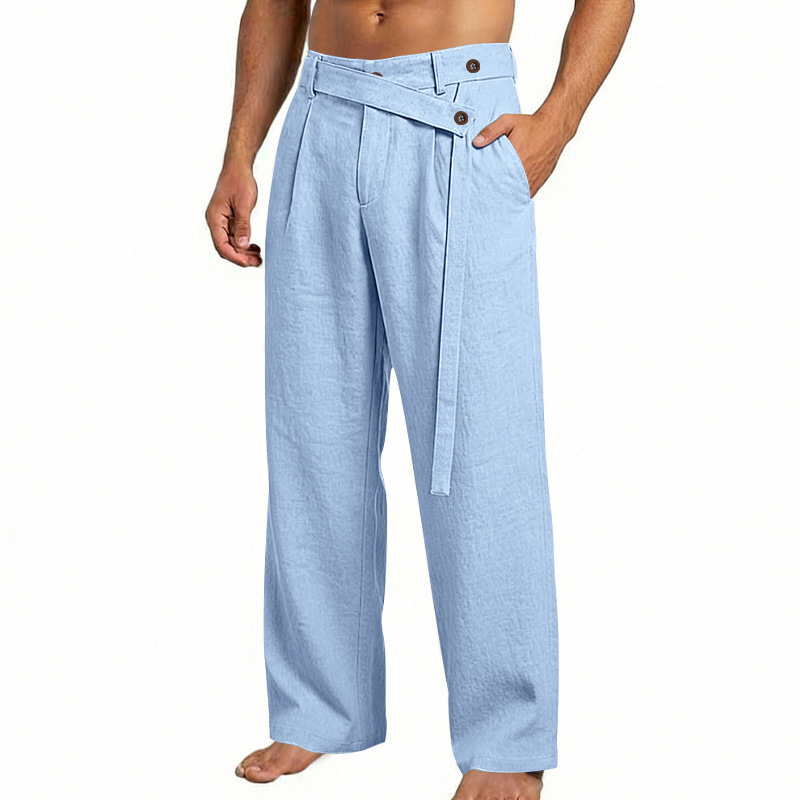 Men's Solid Color Linen Pants Simple Loose Fit High End Straight Leg Casual Midweight Polyester Long Trousers_viptrois.com