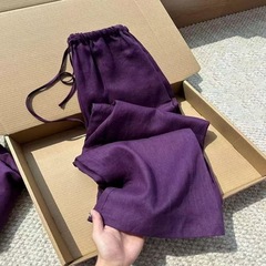 紫色棉麻阔腿裤女夏季薄款2025新款高级感凉凉裤宽松直筒休闲裤子