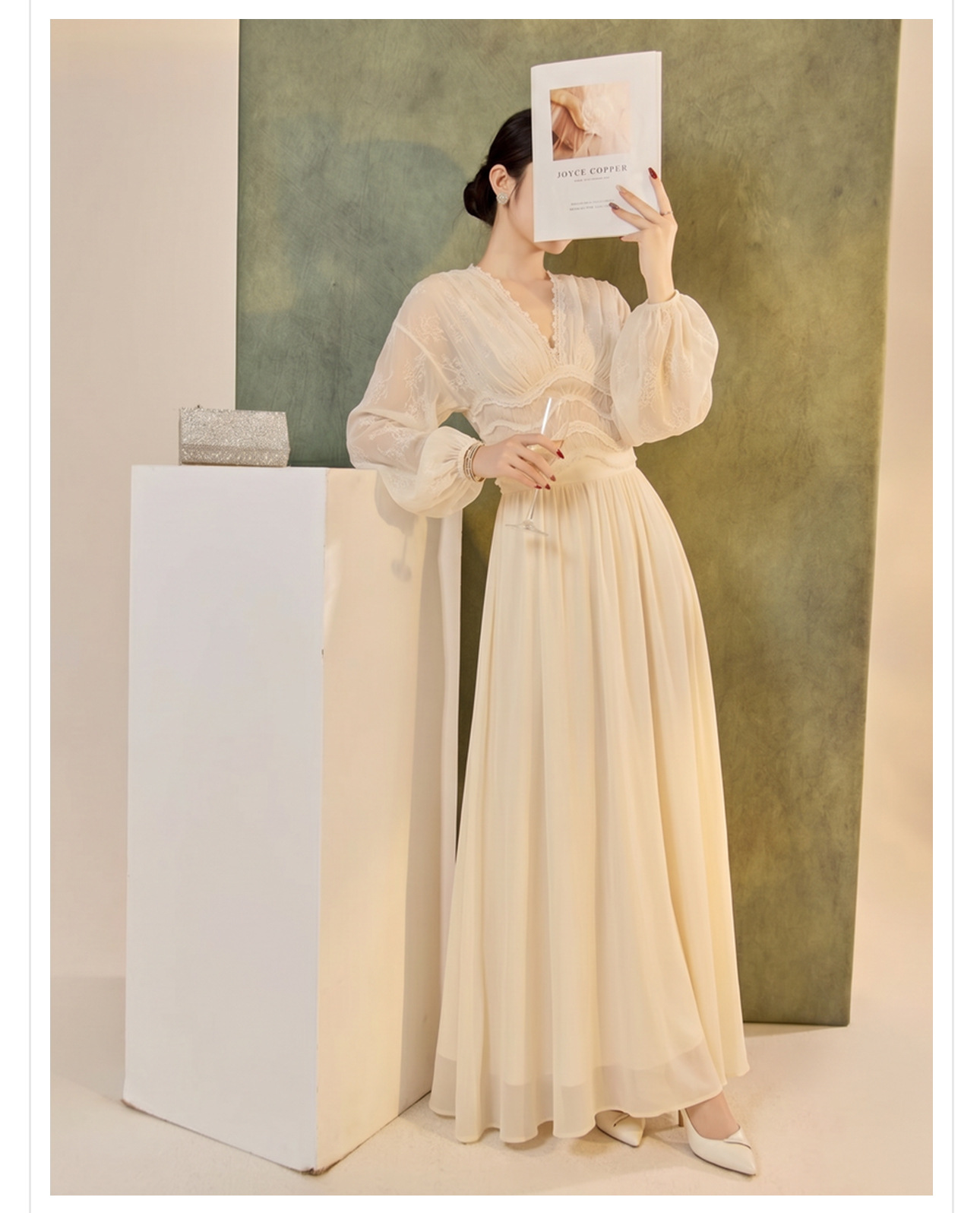 Váy maxi ren thêu lưới tay phồng lồng đèn cổ V thắt lưng dáng suông — áo, bộ đồ, nửa váy chi tiết 7