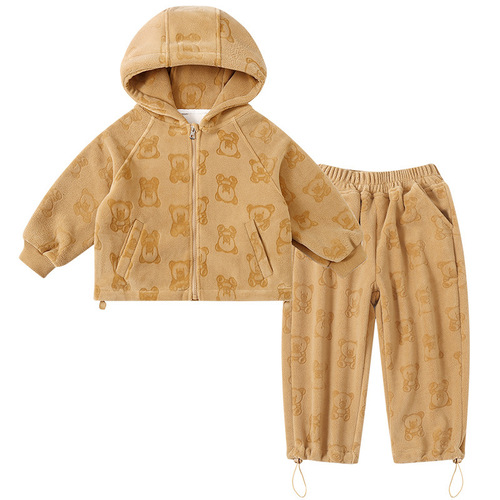 Boys, girls, small and medium-sized children, hooded thickened warm double-sided Austrian velvet embossed suit top + pants