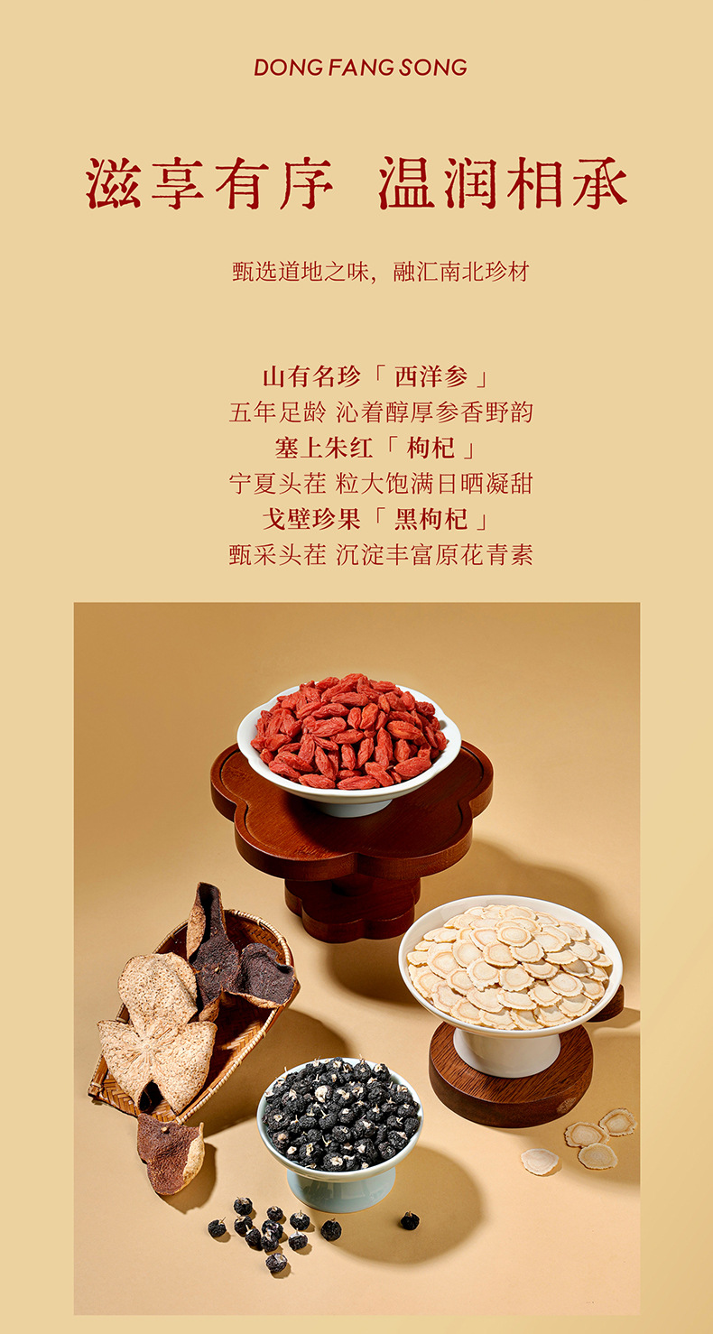 Dongfang Song Six Herb Gift Box 375g American Ginseng Ningxia Red Goji Black Goji Chenpi Wellness Set in use